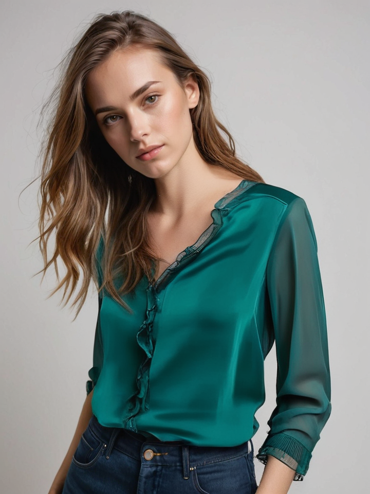 Graceful dark red women's long sleeve ruffle top, combining elegance and comfort.