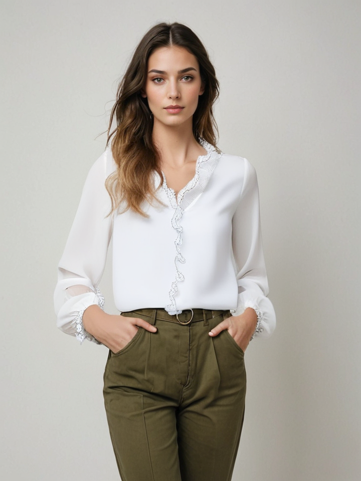 Modern dark green long sleeve ruffle blouse, enhancing any women's summer outfit.
