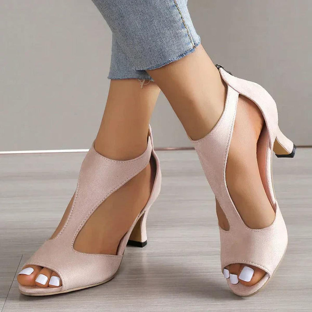 Women's open toe mid heel dressy heels in black, ideal for parties and special occasions.