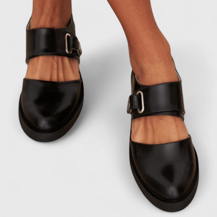 Women's black Mary Jane comfort shoes, designed with orthopedic features for all-day wear.