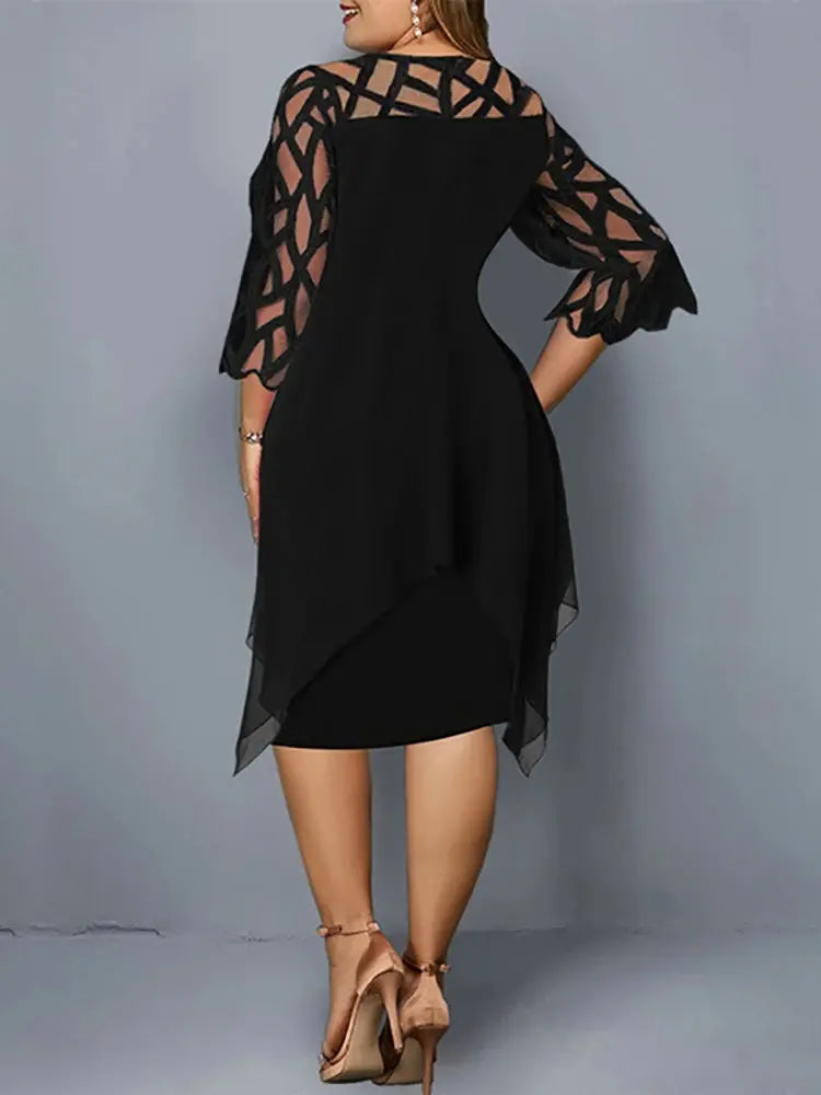 Elegant black plus size lace midi dress for women, perfect for special occasions. Comfortable & versatile.