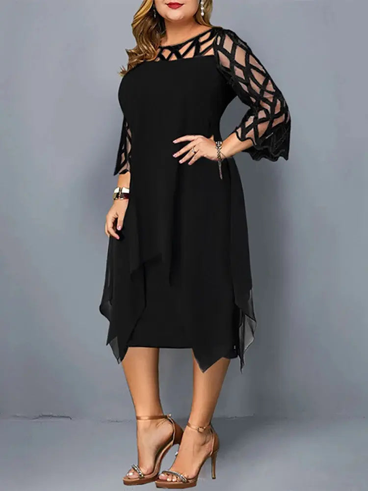 Chic blue plus size lace midi dress for women. Stylish and comfortable, ideal for formal events.