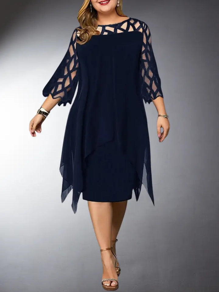 Sophisticated green plus size lace midi dress for women, offering a comfortable and flattering fit.