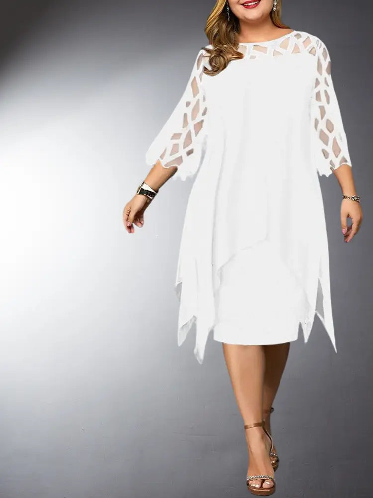 Stunning white plus size lace midi dress for women. Versatile elegant design with delicate lace sleeves.