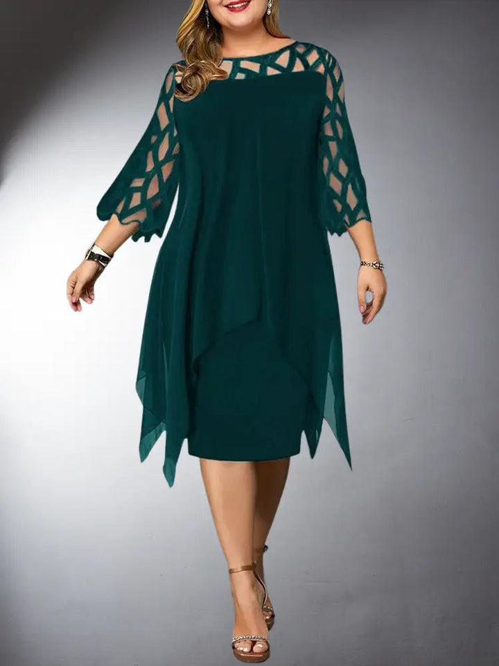 Full shot of an elegant plus size women's lace midi dress, showcasing its versatile and comfortable fit.