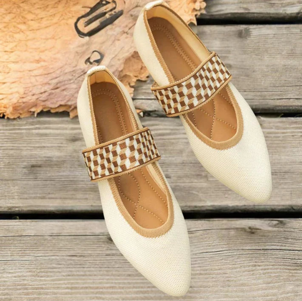 Detail shot of a women's pointed toe ballet flat, emphasizing the elegant design and comfort