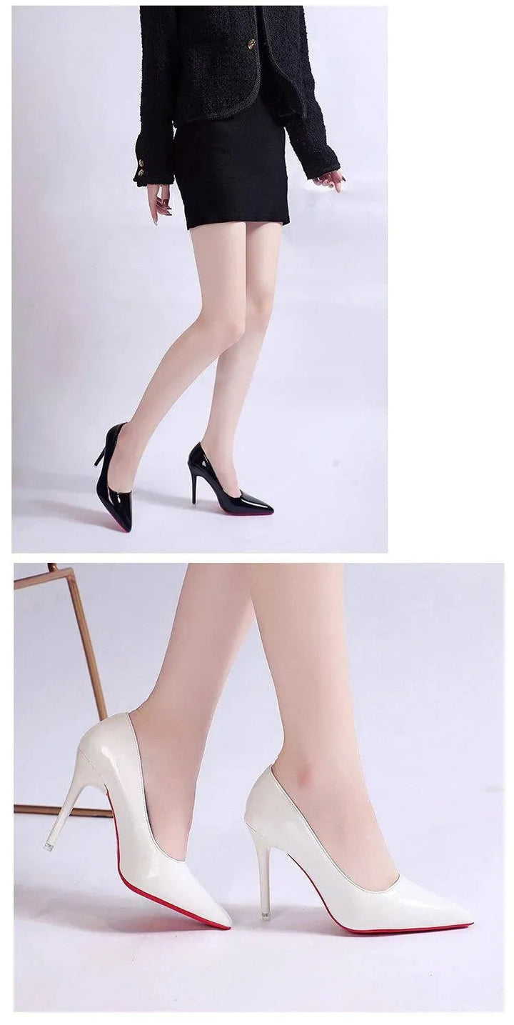 Women's fashion stiletto pumps in red, low cut, high heel & sleek round toe for a bold look.