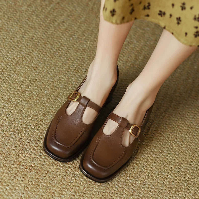 Elegant black T-strap block heel shoes for women, perfect for formal events & daily wear
