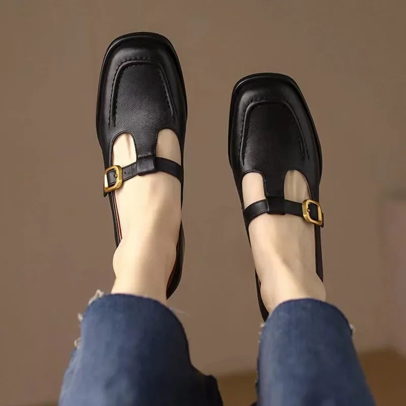 Textured women's T-strap block heels, a sophisticated choice for any elegant footwear collection