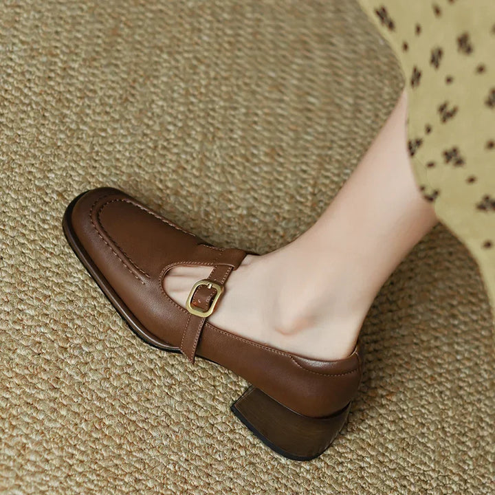 Stylish women's T-strap block heel shoes, versatile for both smart casual and formal outfits