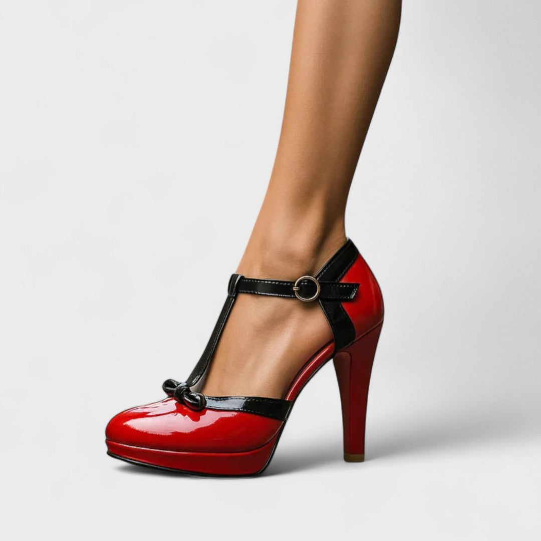 Pair of nude T-strap bow platform heels for women, versatile and elegant footwear.