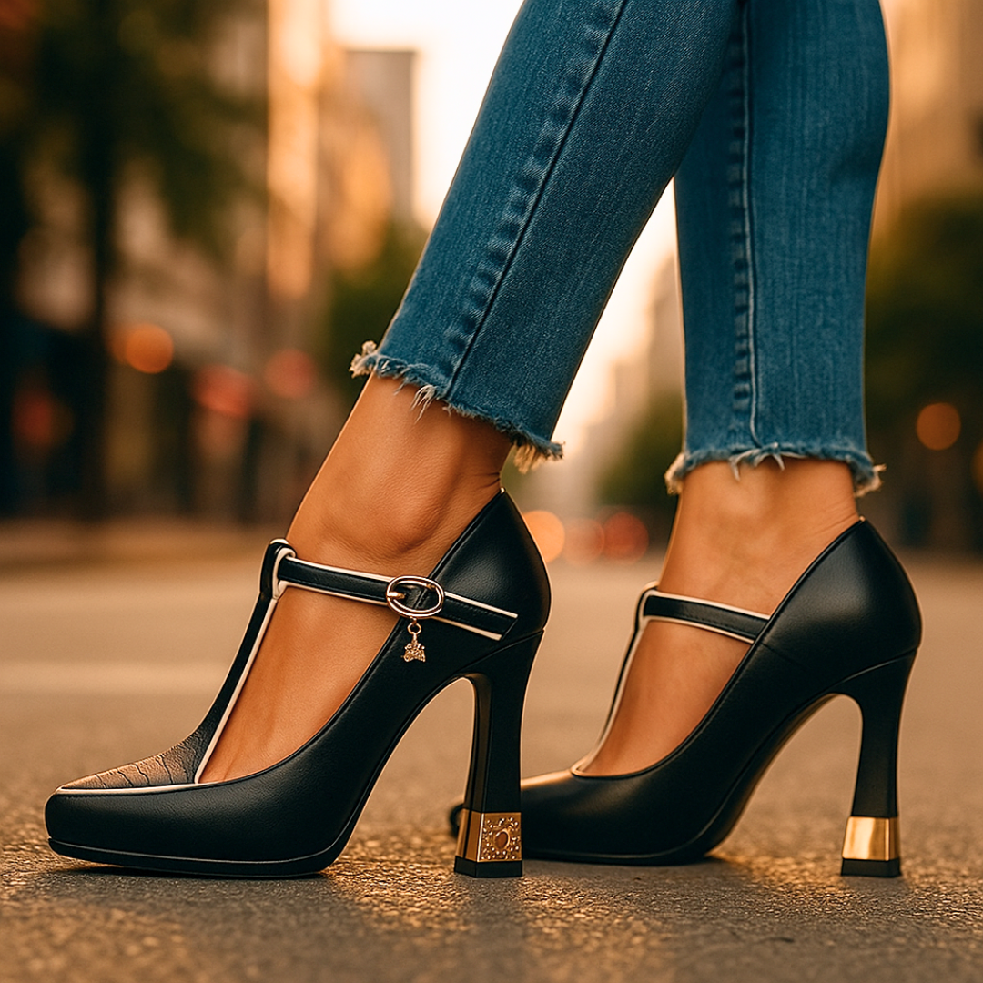 Elegant black vegan leather T-strap Vivienne charm heels with pointed toe and cushioned block heel.