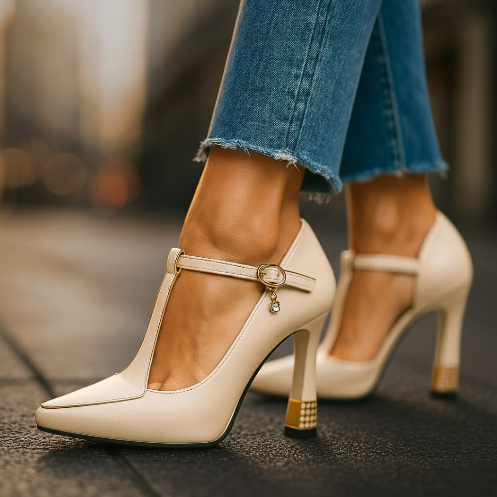 Women's stylish black T-strap heels with Vivienne charm, perfect for parties and fashion events.