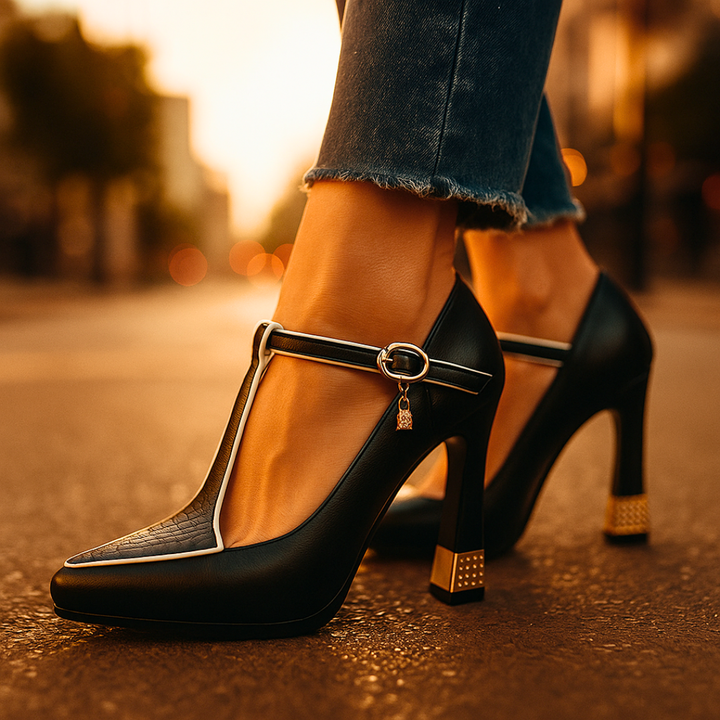 Fashionable black vegan leather heels featuring a T-strap design, pointed toe, and comfortable block heel.