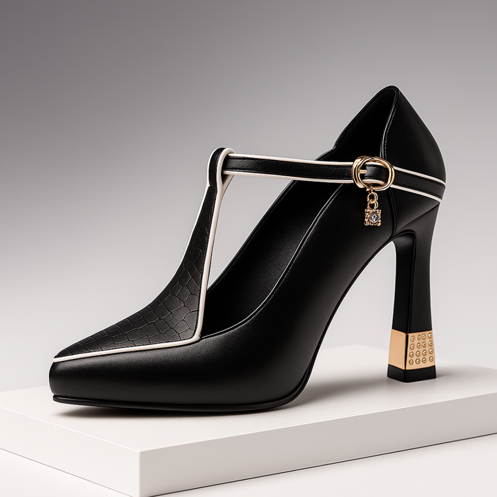 Chic women's party heels: black T-strap with Vivienne charm, elegant pointed toe, and cushioned comfort.