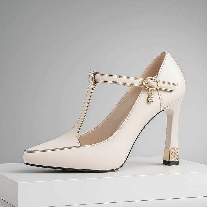Sophisticated black T-strap Vivienne charm heels, vegan leather, pointed toe, and stable block heel.