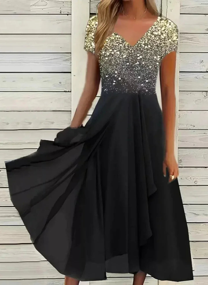 Sophisticated women's glamorous dress, new and versatile, ideal for elegant evening wear and events.