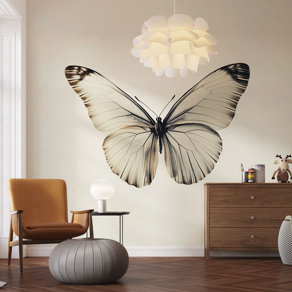 Elegant black & white butterfly wall mural. Peel & stick nature wallpaper for a stylish home decor accent wall.