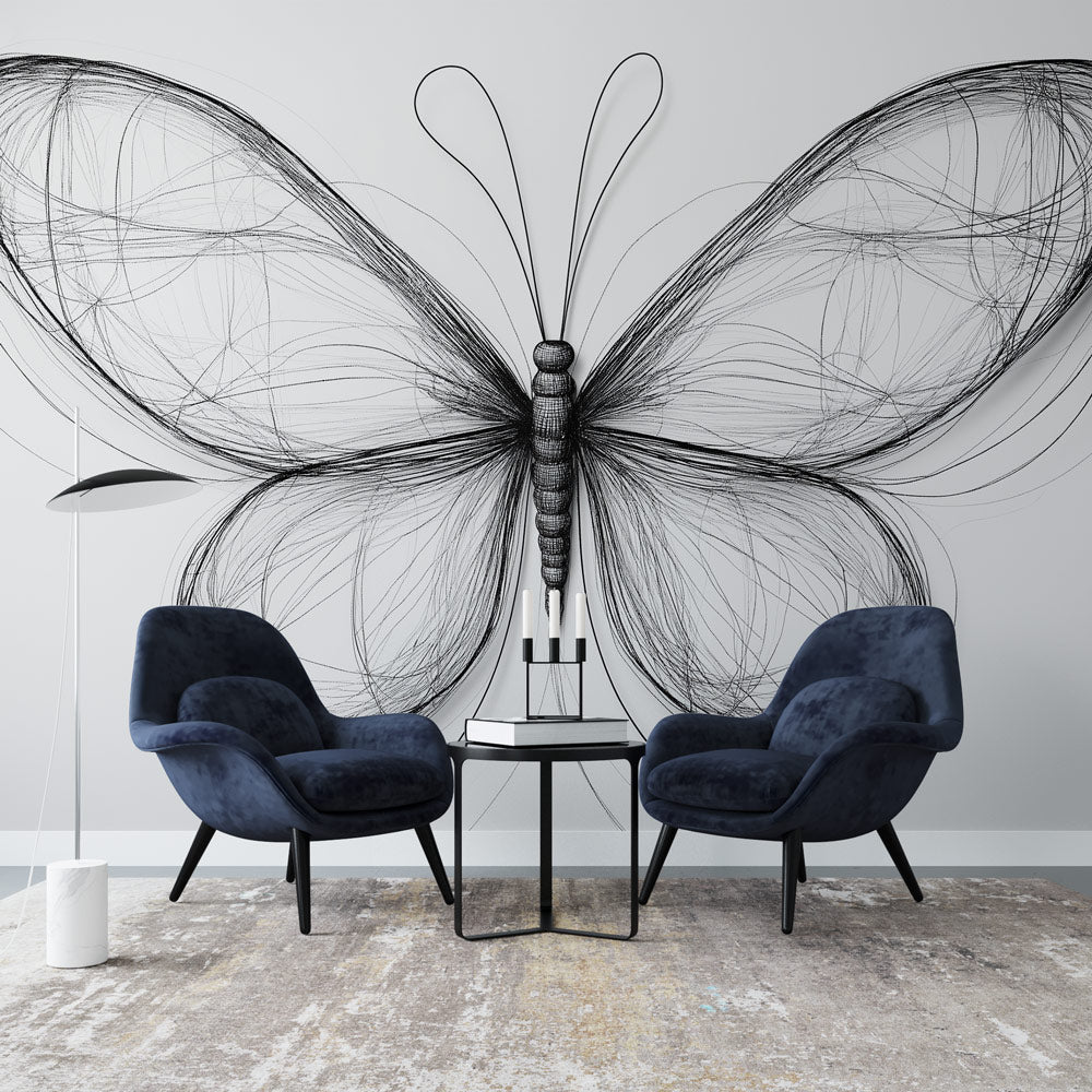 Elegant black & white line art butterfly wall mural. Modern peel and stick wallpaper for stylish home decor.