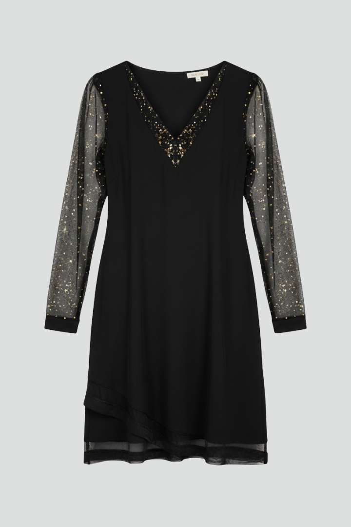 Elegant black women's cocktail dress with sequin sleeves and V-neck for evening parties