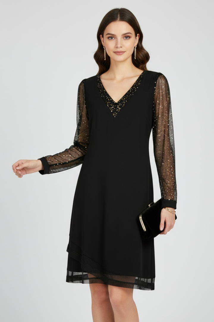 Women's formal black V-neck cocktail dress featuring sparkling sequin sleeves, perfect for winter events