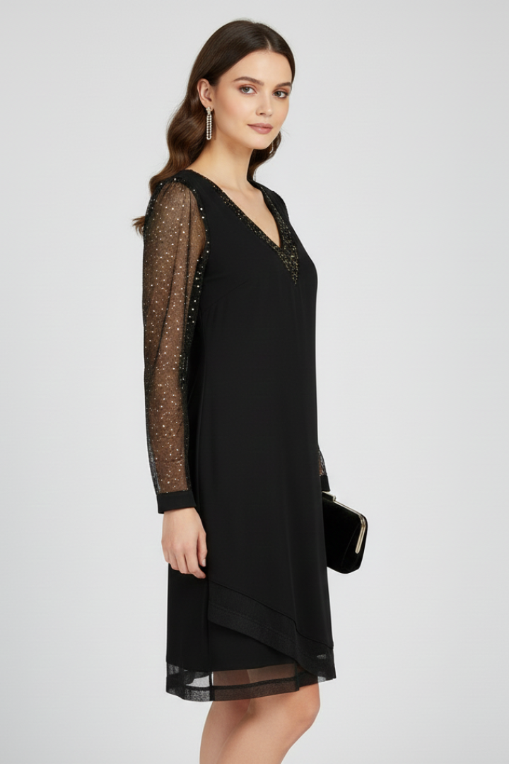 Stylish black party dress for women with sophisticated sequin sleeves and a flattering V-neckline