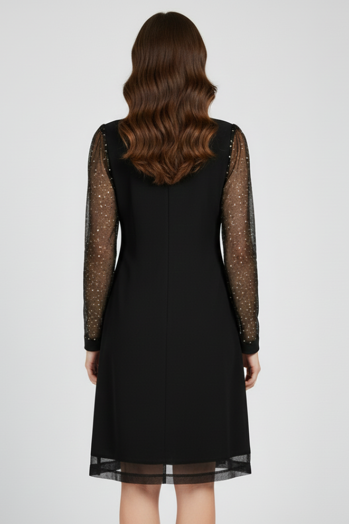 Full-length view of a women's black cocktail dress with sequin sleeves, ideal for formal and party wear