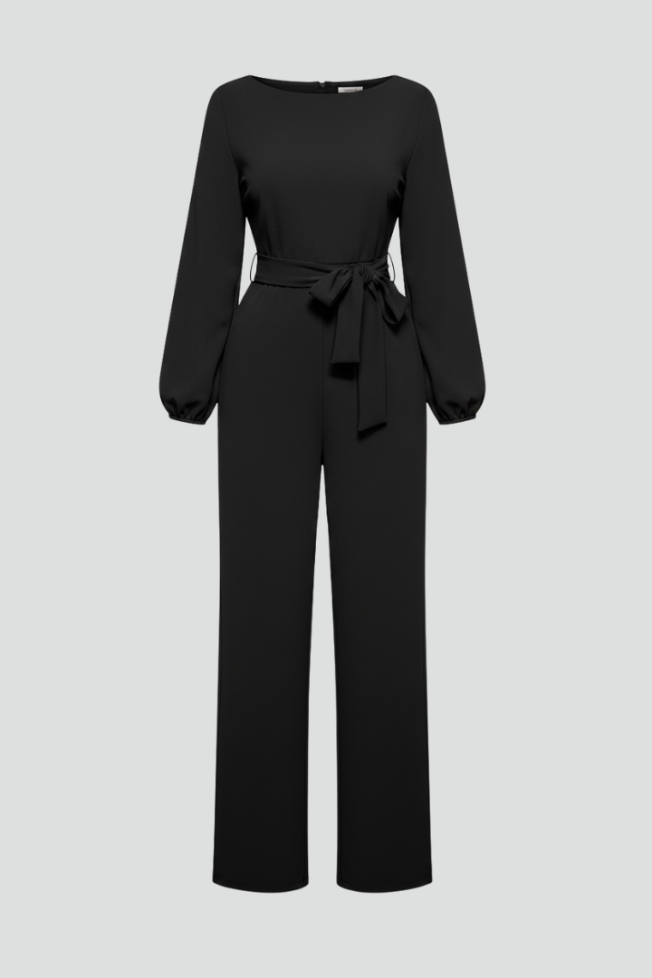 Elegant black women's round-neck tie-waist long sleeve jumpsuit for formal winter fashion