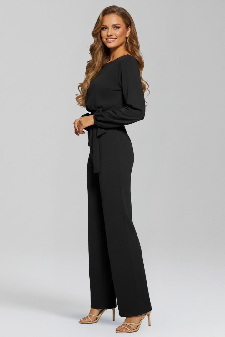 Sophisticated long sleeve tie-waist women's jumpsuit with round-neck in black, a winter fashion staple