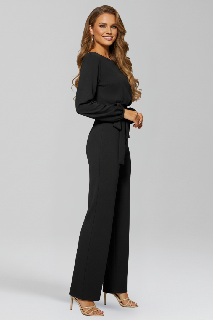 Formal black women's jumpsuit featuring a round-neck, tie-waist, and long sleeves