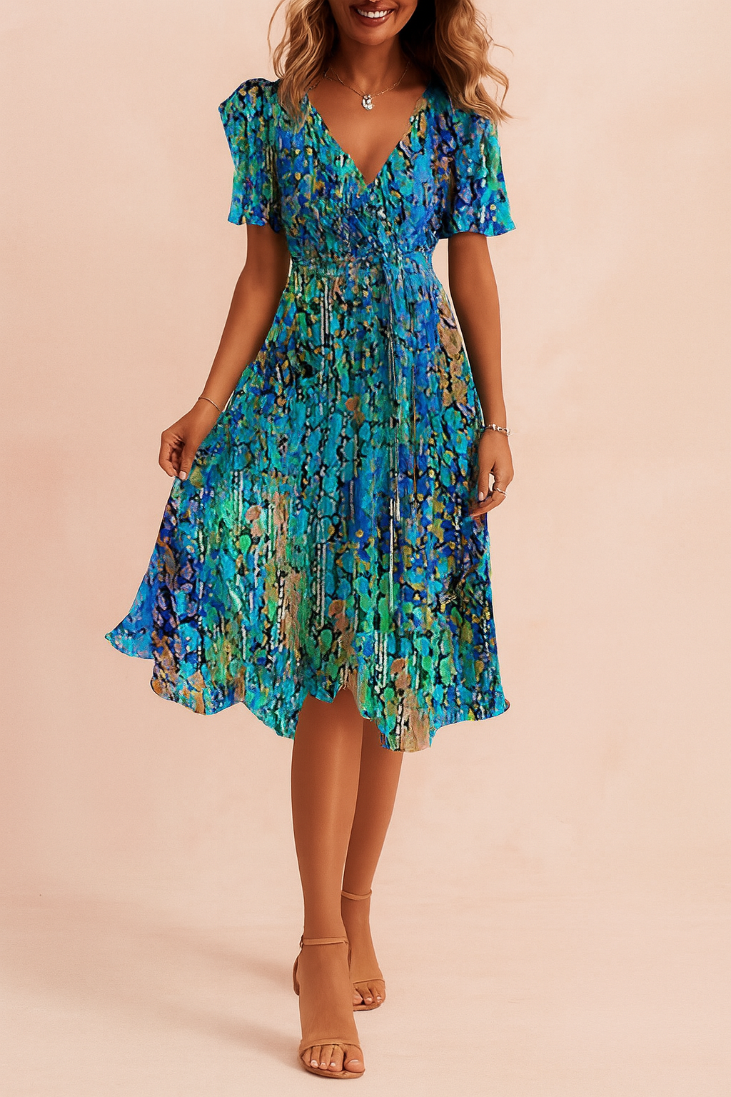 Elegant blue midi dress for women. Comfortable, flowy design. Versatile for casual or formal wear. Women's fashion.
