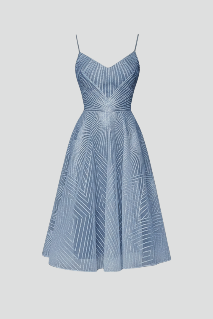 Elegant blue spaghetti strap A-line midi dress for women, perfect for summer parties and formal events.