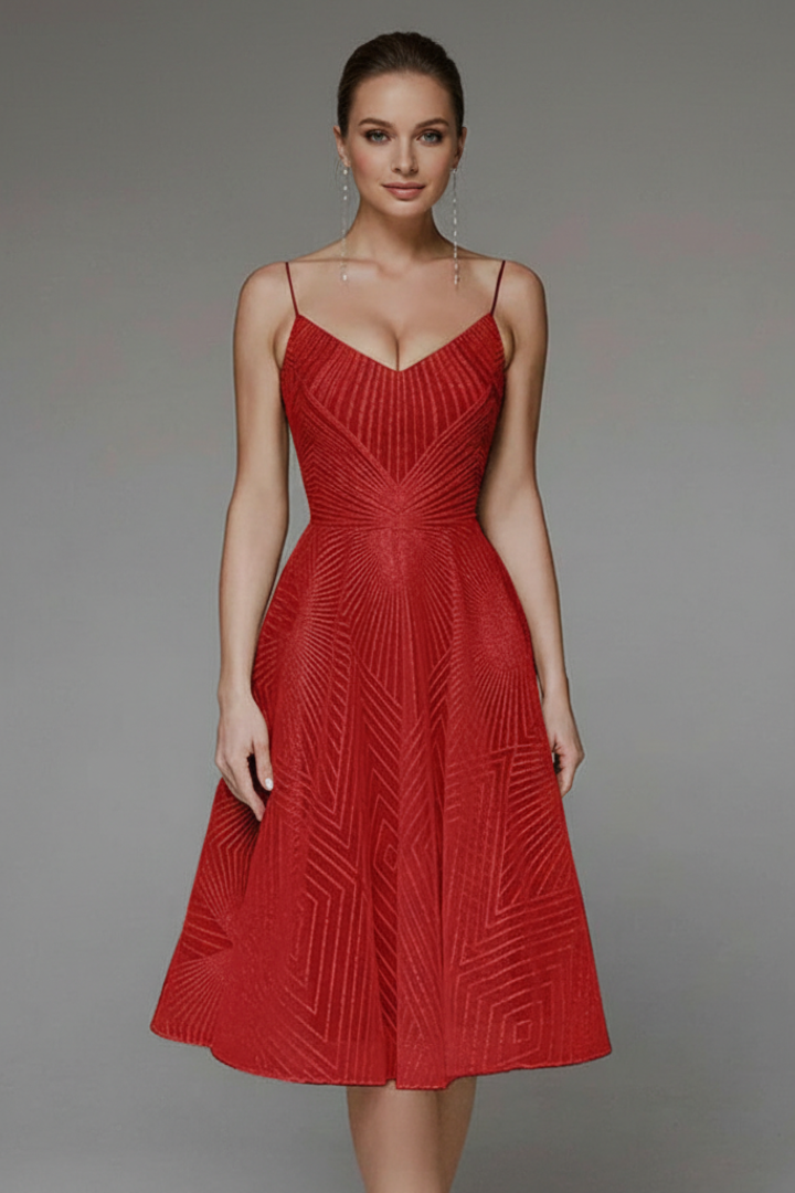Back view of a women's black spaghetti strap A-line midi dress, emphasizing its elegant silhouette.