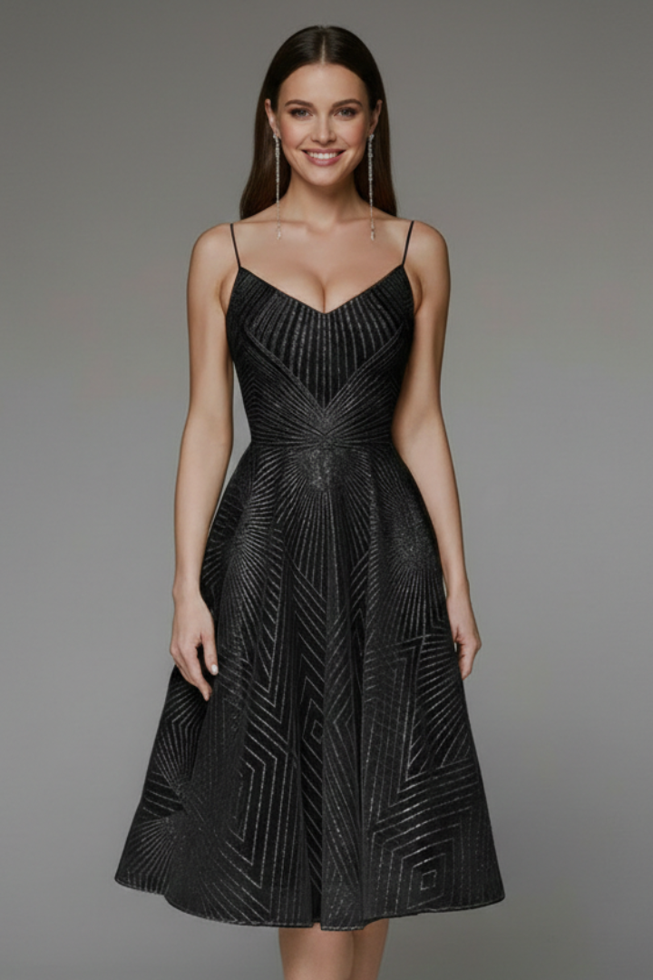 Red women's spaghetti strap A-line midi dress, a striking and elegant party dress.