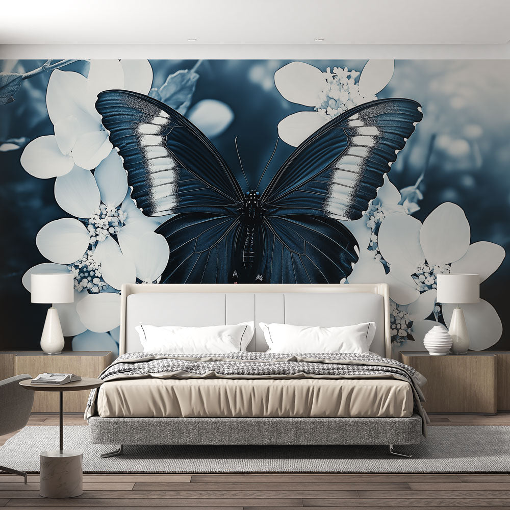 Elegant blue & white butterfly and floral wall mural. Self-adhesive nature-inspired wallpaper for sophisticated home decor.