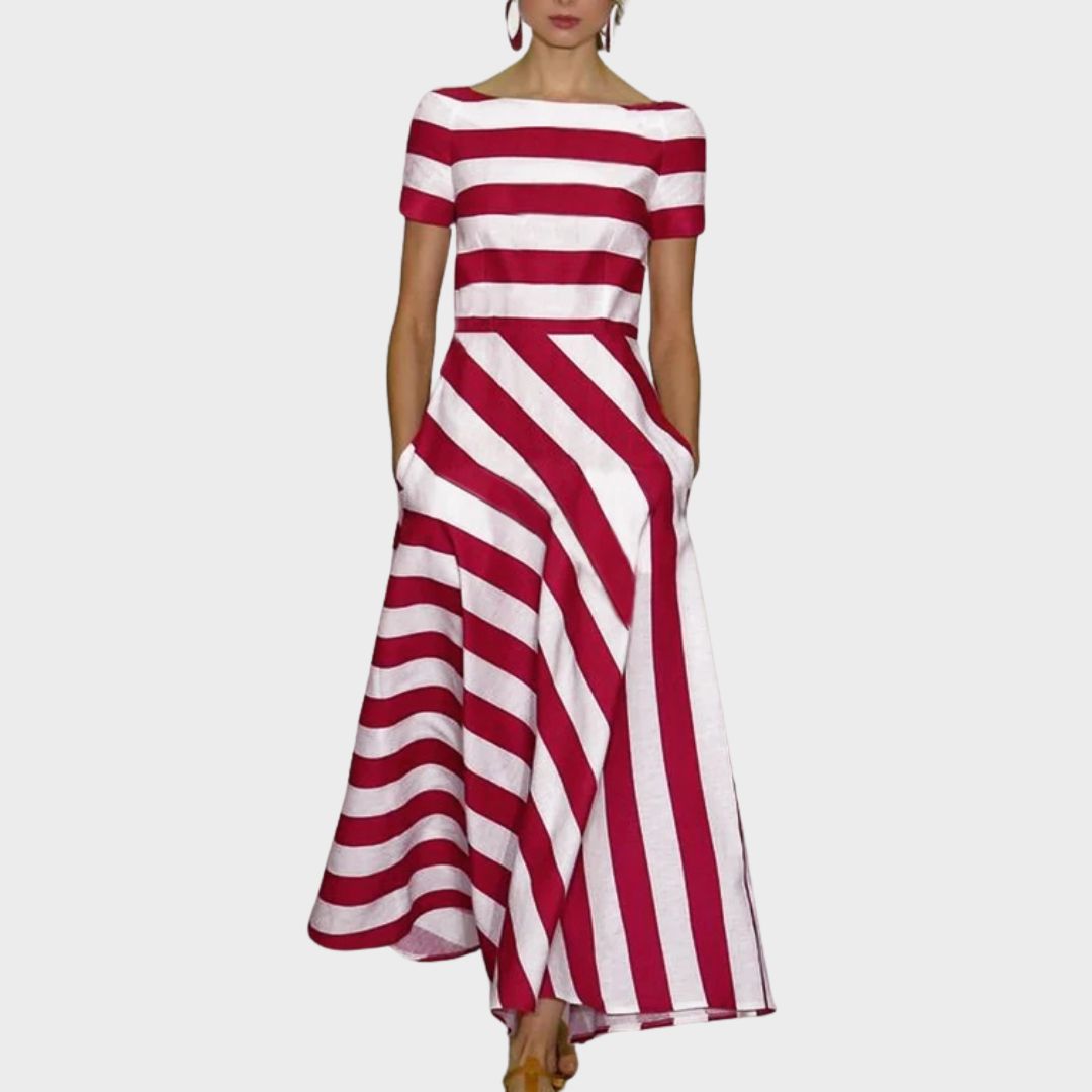 Elegant boat neck striped A-line midi dress with pockets for women, perfect casual summer fashion.