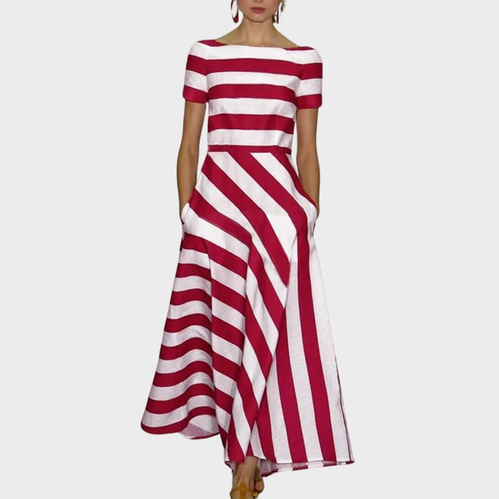Elegant boat neck striped A-line midi dress with pockets for women, perfect casual summer fashion.