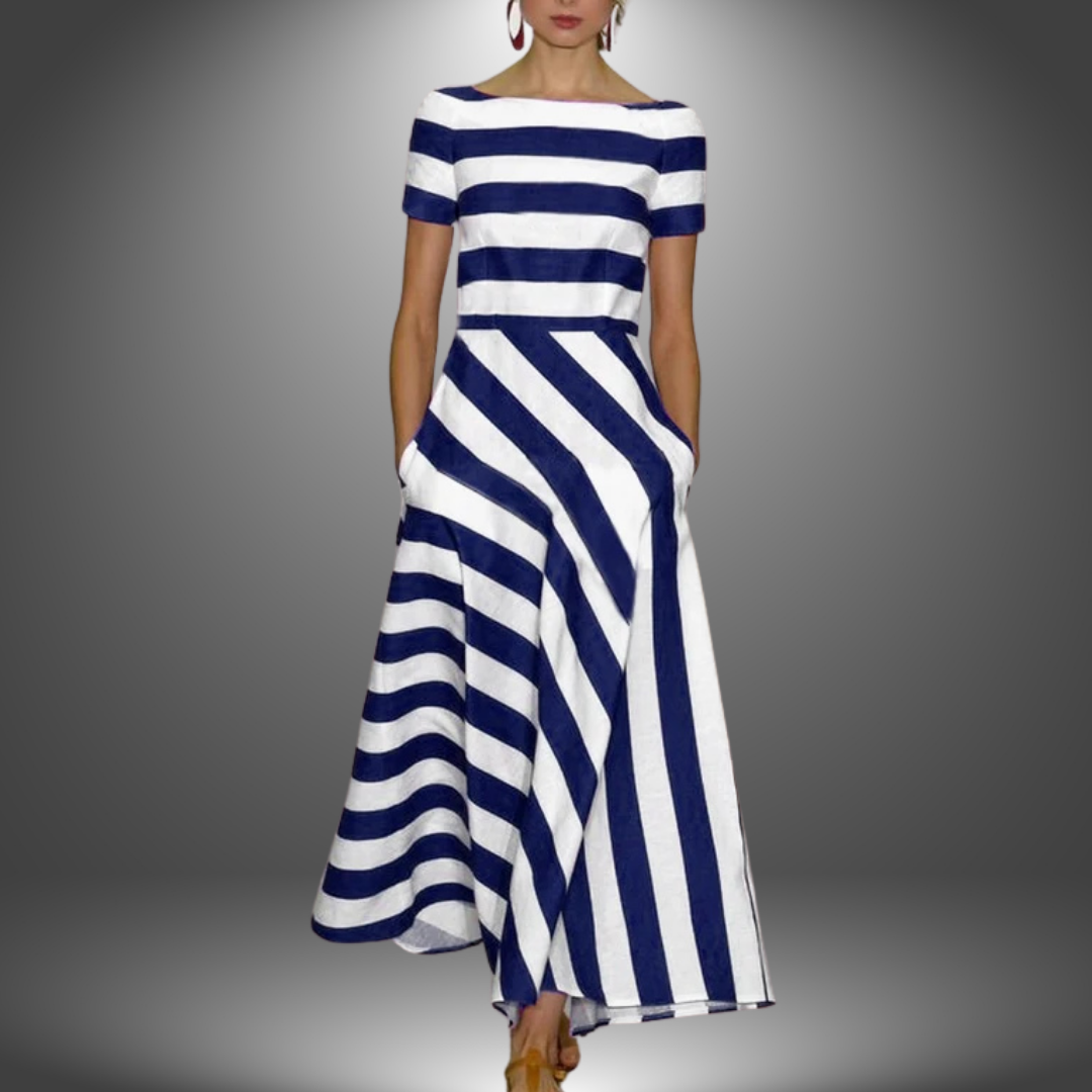 Women's comfortable striped A-line day dress with convenient pockets, ideal for everyday wear.