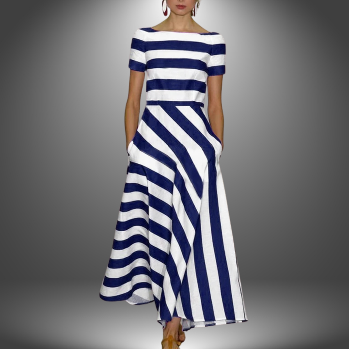 Women's comfortable striped A-line day dress with convenient pockets, ideal for everyday wear.