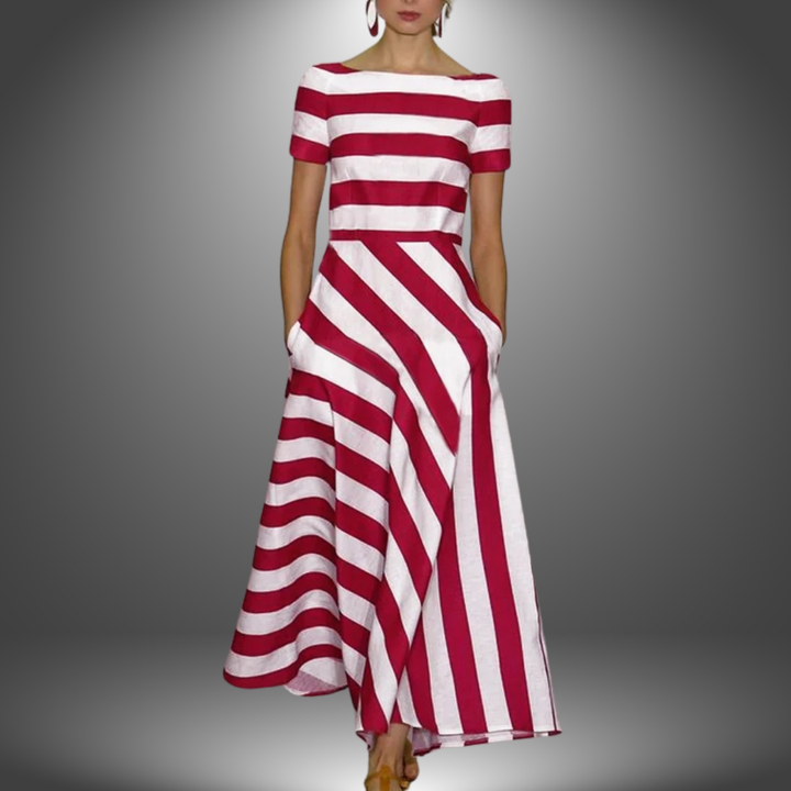 Fashionable midi length striped casual dress with a flattering A-line silhouette and functional pockets.