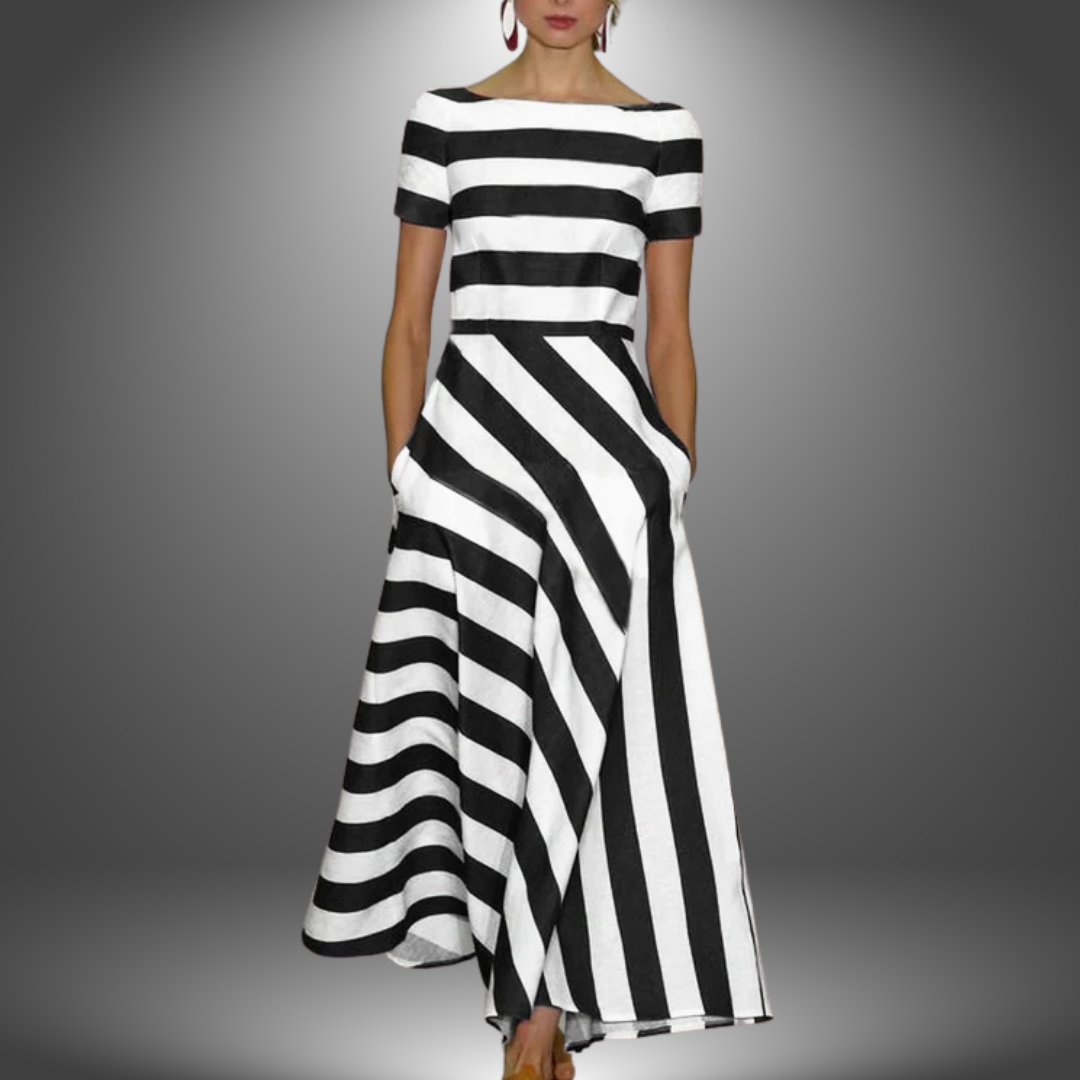 Classic striped women's summer A-line dress featuring a chic boat neck design and practical side pockets.