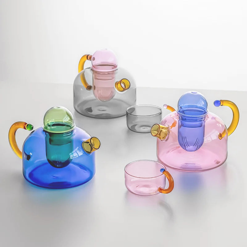 Elegant borosilicate glass tea set with teapot & cups, ideal for tea enthusiasts & home decor.