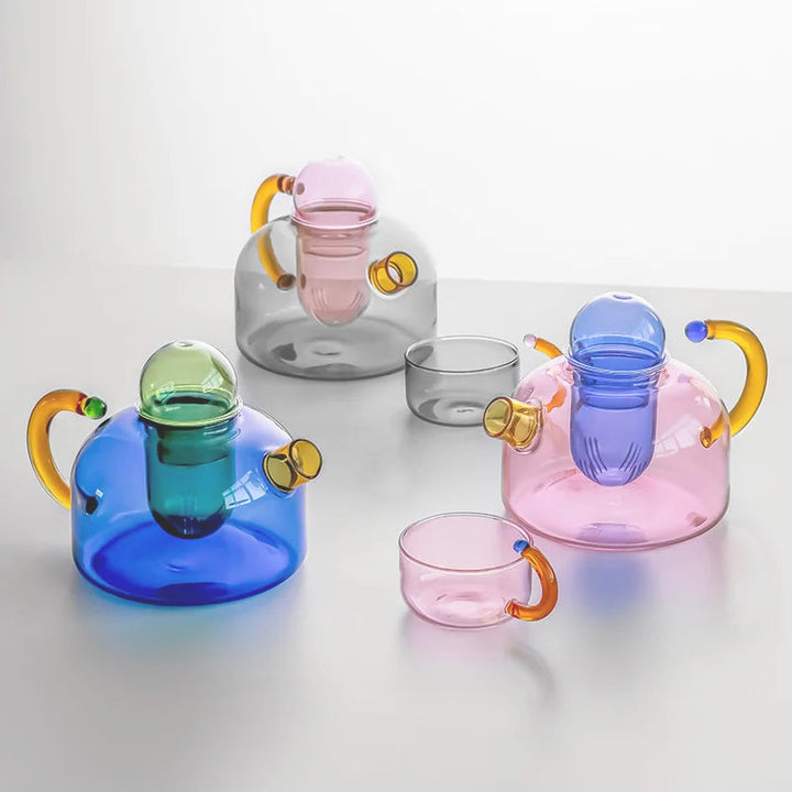 Elegant borosilicate glass tea set with teapot & cups, ideal for tea enthusiasts & home decor.