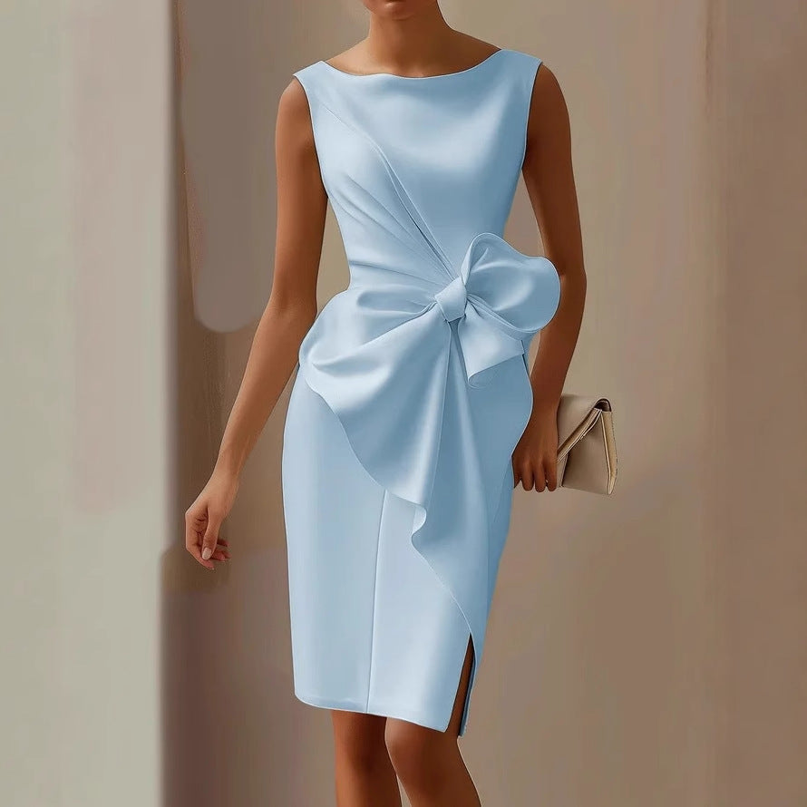 Perfect spring/summer party dress: women's sleeveless, with a stylish draped bow.