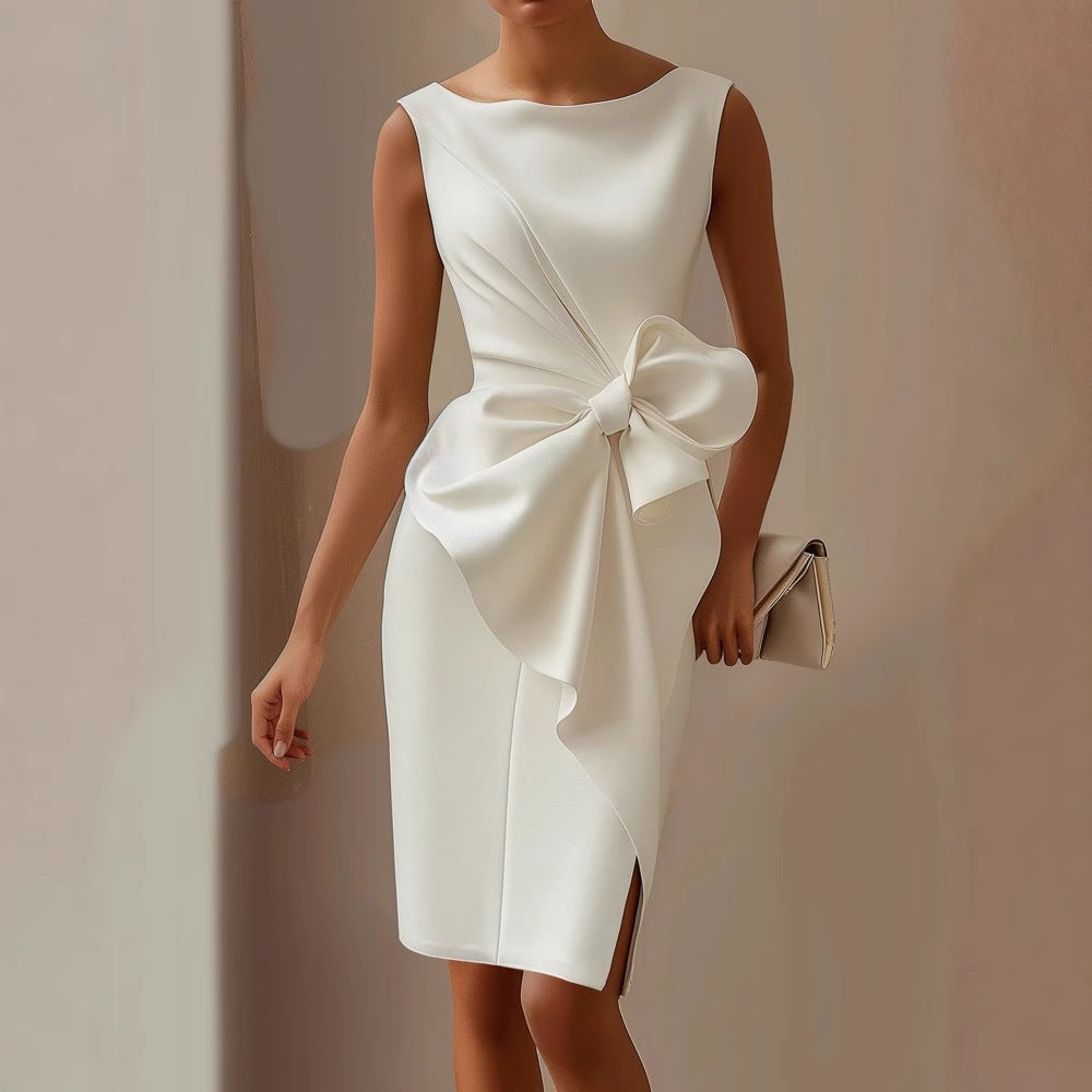 Womens formal sleeveless party dress with chic draped bow detail, ideal for elegant occasions.