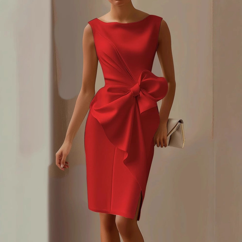 Sleeveless elegant party dress for women featuring a graceful draped bow design.