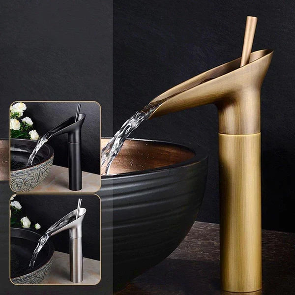 Sleek black waterfall sink faucet. Elegant bathroom mixer tap with modern design.
