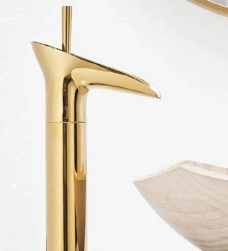 Single-handle brass waterfall bathroom faucet. Easy-to-use elegant mixer tap for sink.