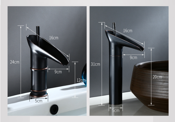 Elegant brass waterfall basin mixer. Stunning faucet design for a luxurious bathroom.