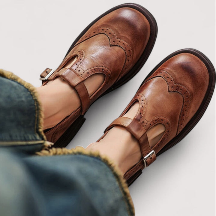 Elegant brown leather Mary Jane shoes for women with a classic buckle design